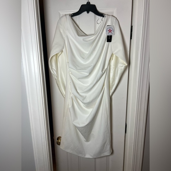 Betsy & Adam NEW Jordan Short Scuba Crepe Draped Back Cape Dress White Size 8 - Picture 4 of 9